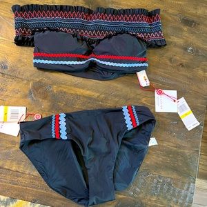 Red Carter smocked NAVY Lola Bikini Off Shoulder swimsuit